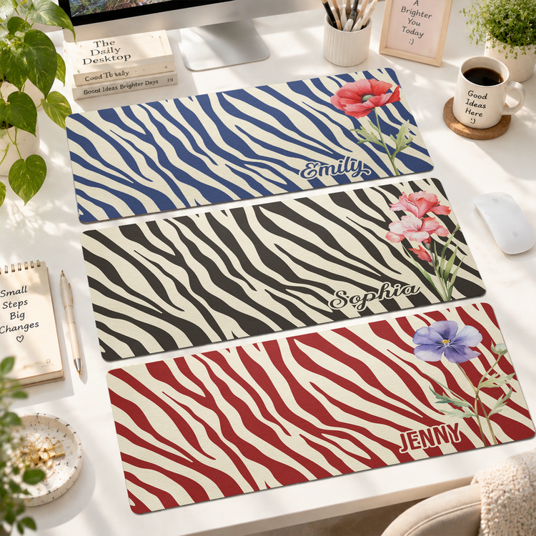 Custom Name & Birth Flower Zebra Print Gifts For Her, BFF, Coworkers - Personalized Desk Mat 1