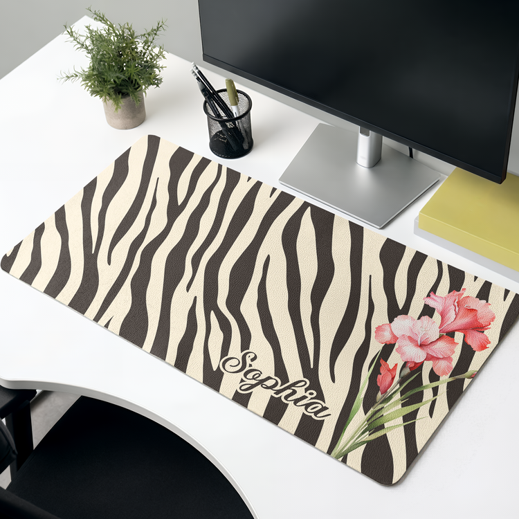Custom Name & Birth Flower Zebra Print Gifts For Her, BFF, Coworkers - Personalized Desk Mat 2