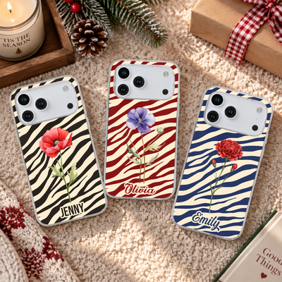 Custom Name & Birth Flower Zebra Print Gifts For Her - Personalized Phone Case