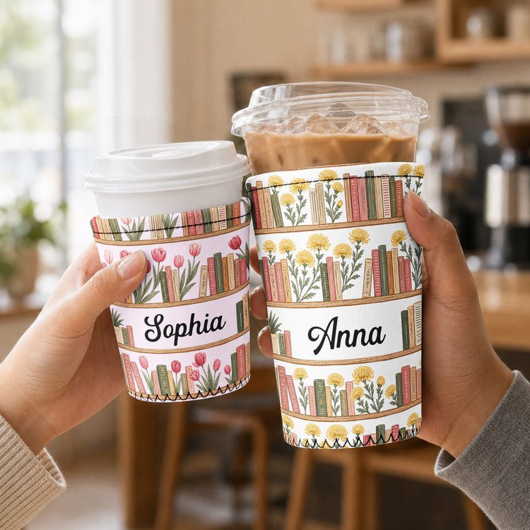 Custom Name & Birth Flowers Book Lovers Gifts For Her, Friends, Book Club - Personalized Iced Coffee Sleeve 5