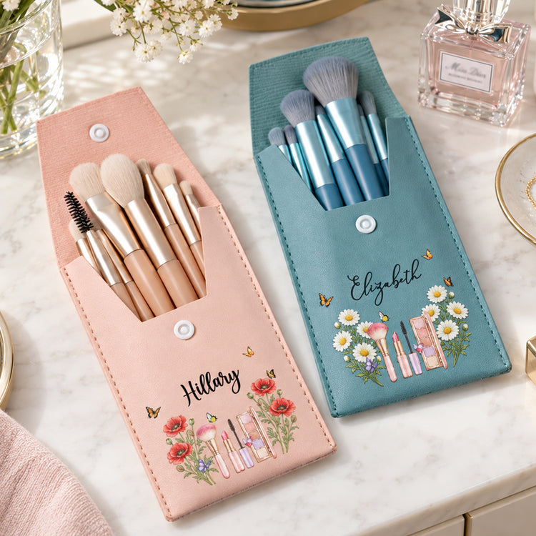 Custom Name & Birth Flowers For Her Girly Gifts For BFF, Coworkers, Sisters, Daughters - Personalized Makeup Brush Bag 5