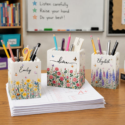Custom Birth Flower & Name Notebook Gift For Her - Personalized Pen Holder