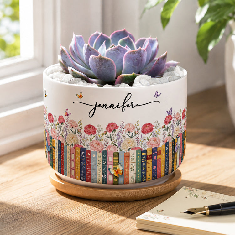 Custom Name & Birthflower For Book Lovers, Book Clubs - Personalized Plant Pot 1