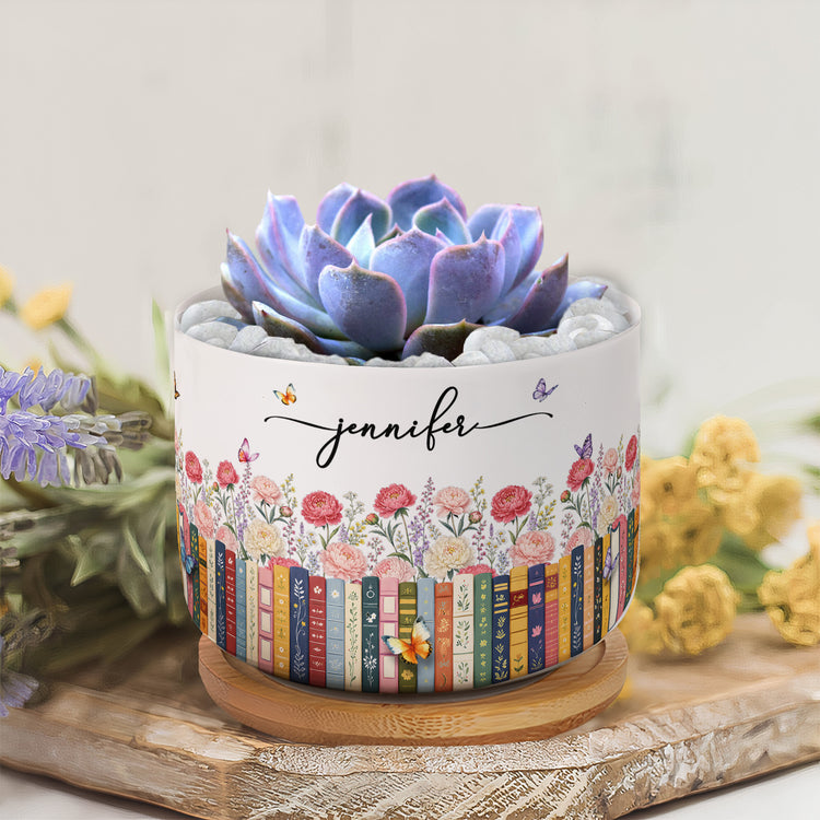 Custom Name & Birthflower For Book Lovers, Book Clubs - Personalized Plant Pot 4