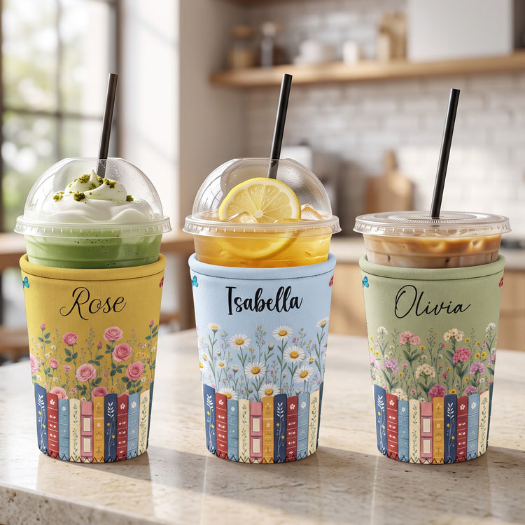 Custom Name & Birthflower For Teachers, Coworkers, Friends, Book Lovers, Book Clubs - Personalized Iced Coffee Sleeve 2