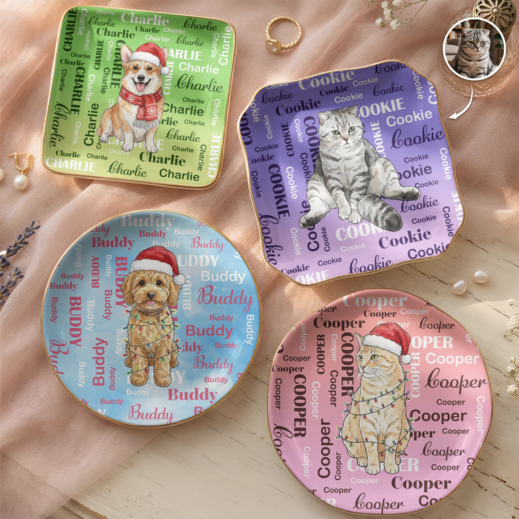 Custom Name & Pet Portrait Watercolor Style Christmas Gift - Personalized Jewelry Dish 1