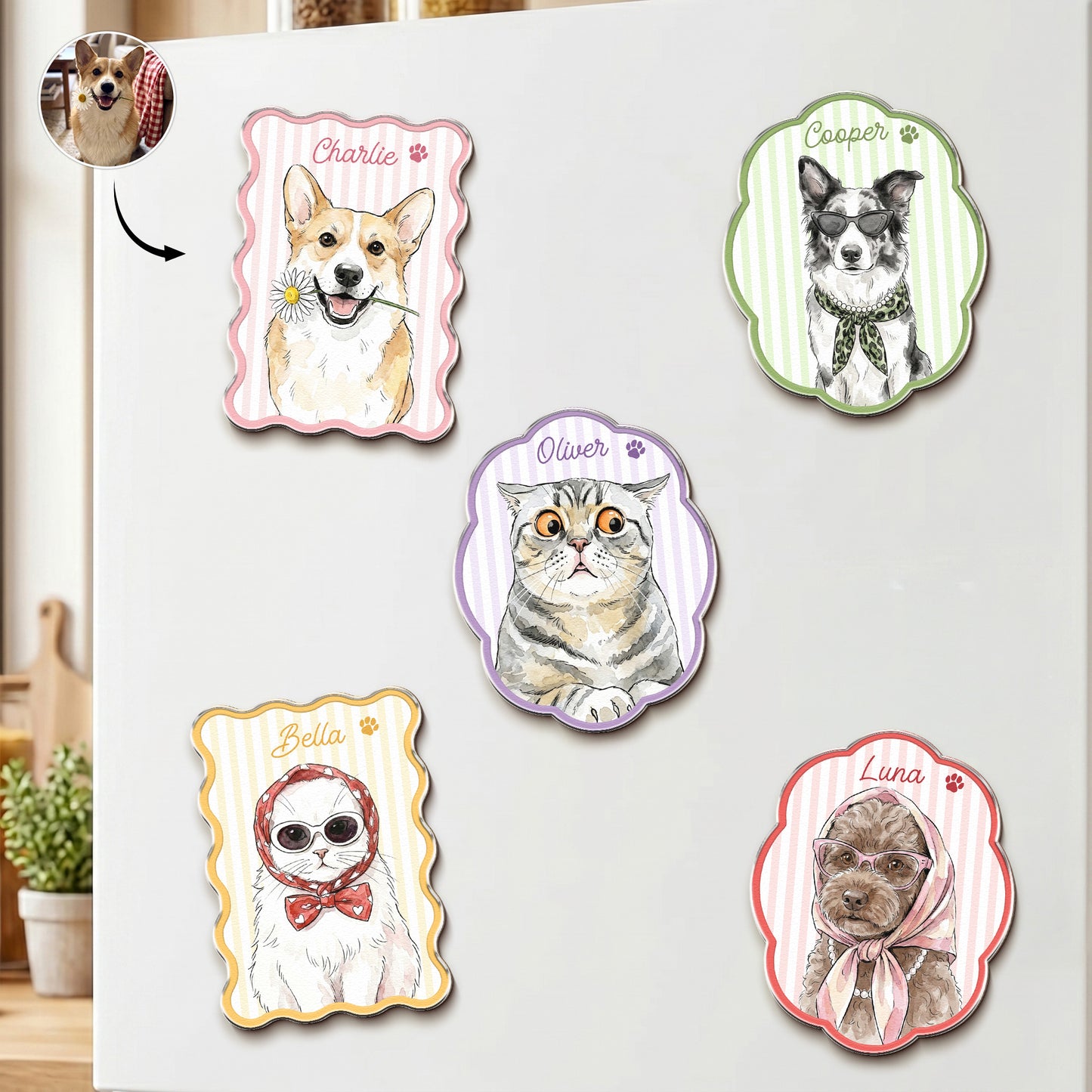 Custom Name & Photo Pet Watercolor Striped Pattern - Personalized Magnet 1