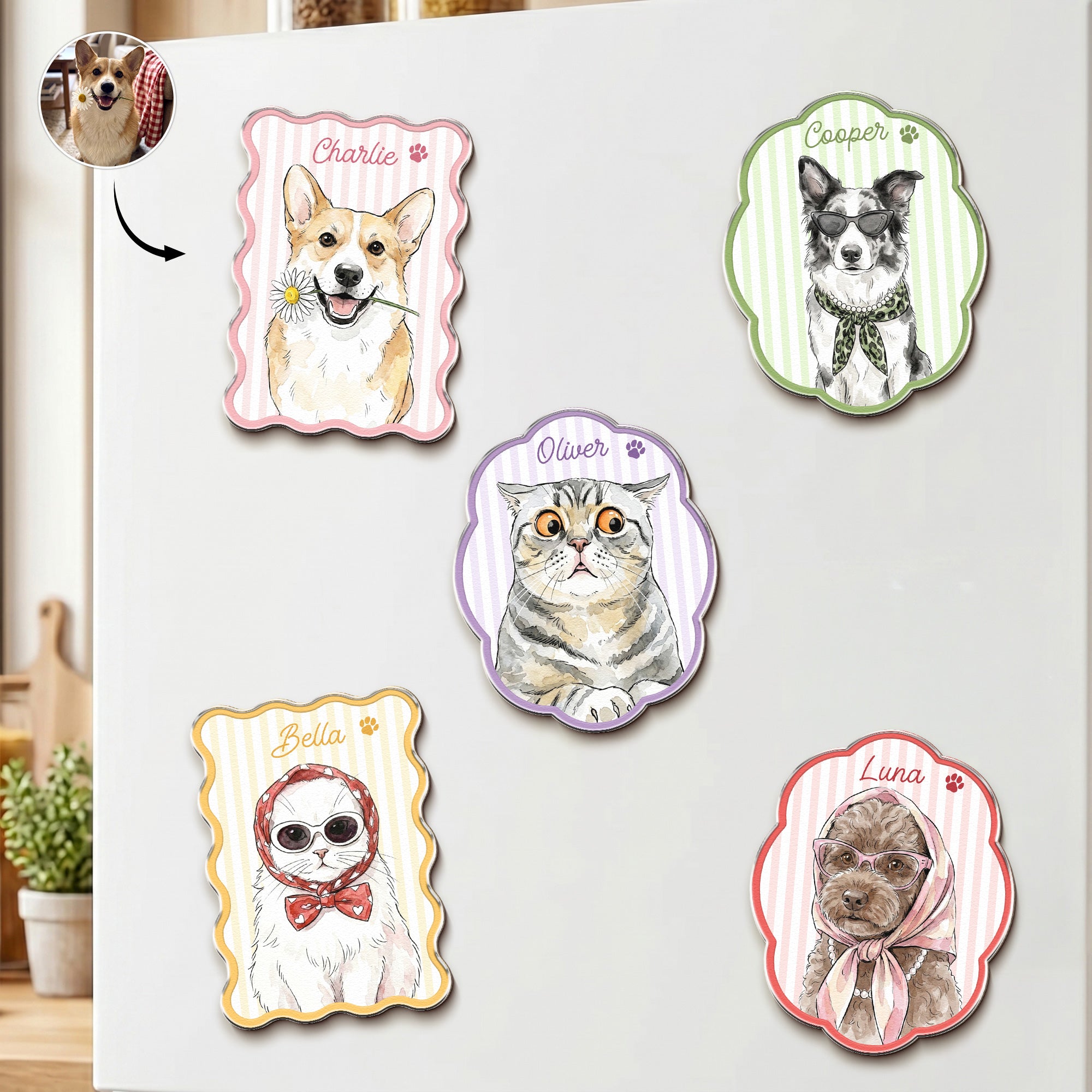 Custom Name & Photo Pet Watercolor Striped Pattern - Personalized Magnet 1