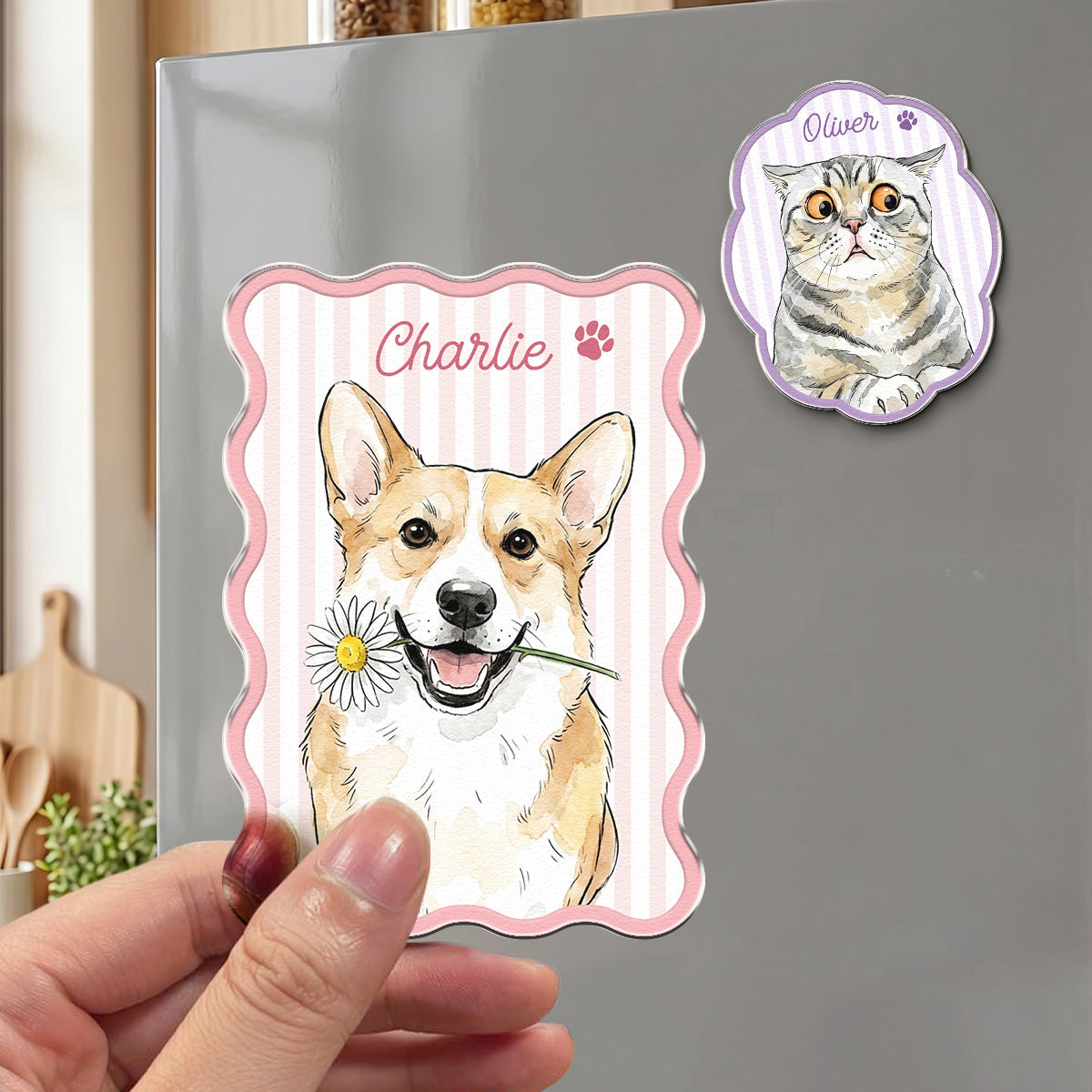 Custom Name & Photo Pet Watercolor Striped Pattern - Personalized Magnet 3