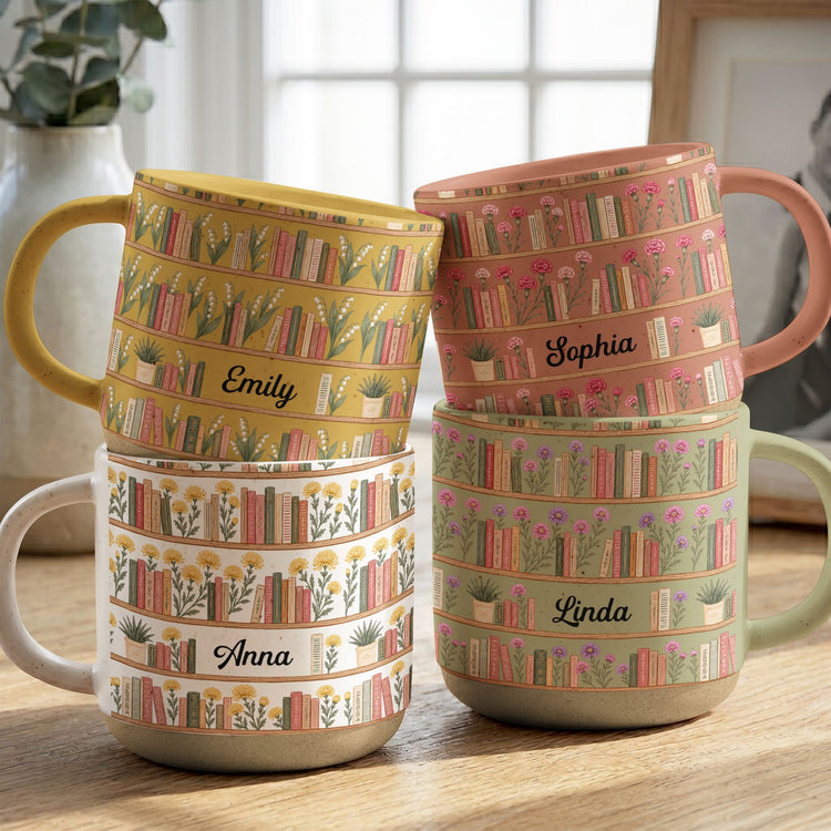Custom Name Birth Flower Bookshelf For Her, Book Club - Personalized Mug 1