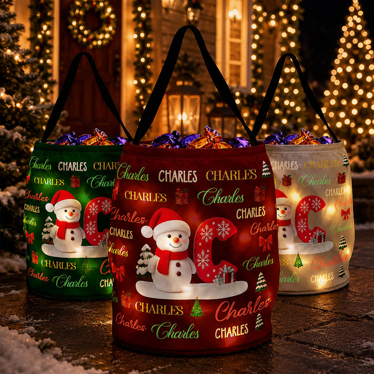 Custom Name Christmas Gift Bag, Christmas Bag With Name, Holiday Gift Bag, Santa Gift Bag, Family Christmas Sack Snowman Initial Letter - Personalized Basket 1