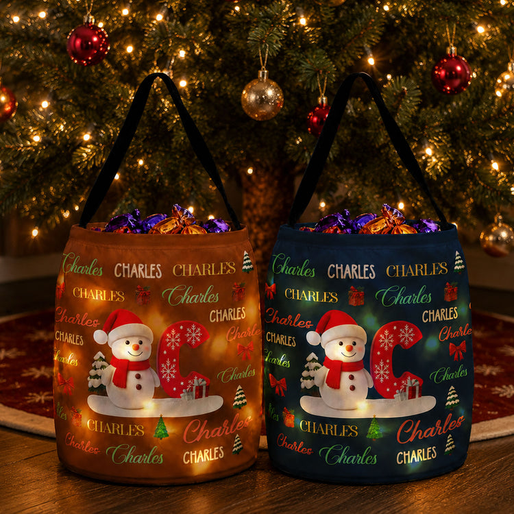 Custom Name Christmas Gift Bag, Christmas Bag With Name, Holiday Gift Bag, Santa Gift Bag, Family Christmas Sack Snowman Initial Letter - Personalized Basket 2