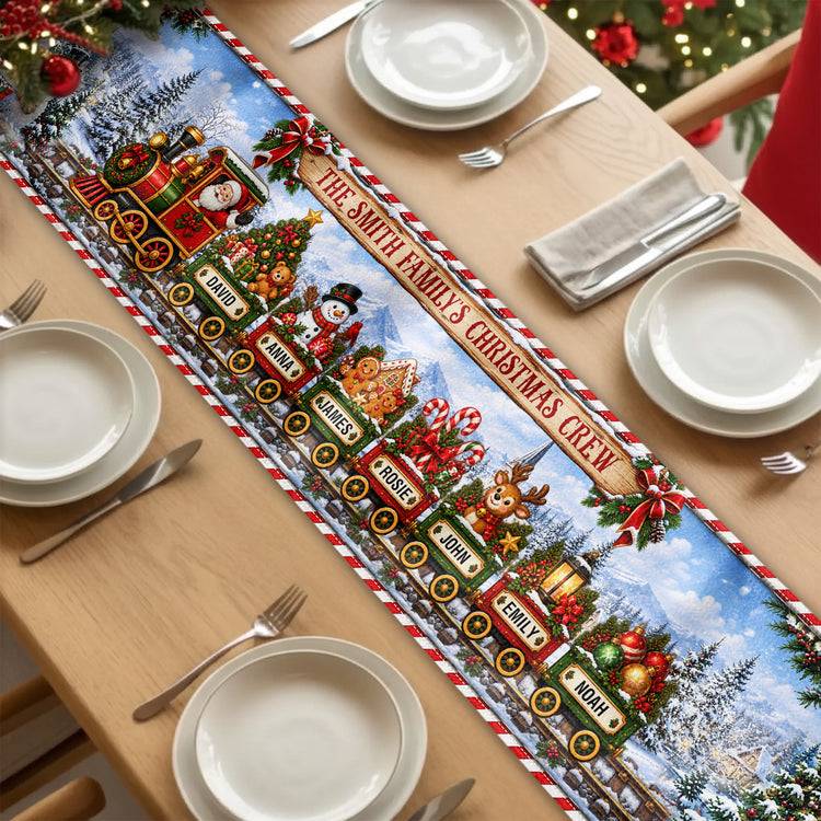 Custom Name Christmas Train Holiday Runner, Christmas Dining Table Decor, Family Christmas Decoration, Holiday Gift - Personalized Table Runner 1