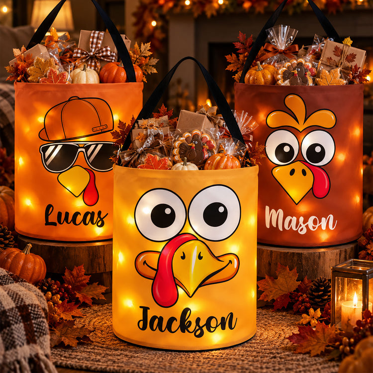 Custom Name Cute Kids Thanksgiving Turkey Favor Treat Bag With Led Light - Personalized Basket 1
