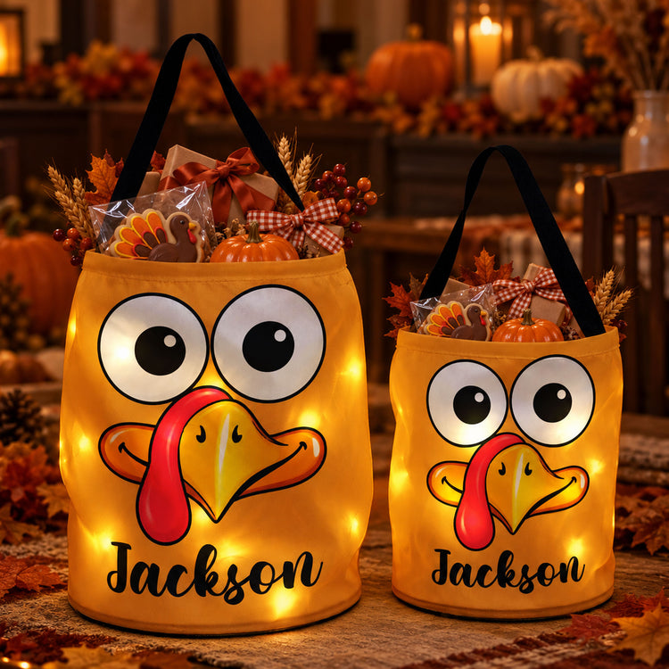 Custom Name Cute Kids Thanksgiving Turkey Favor Treat Bag With Led Light - Personalized Basket 2