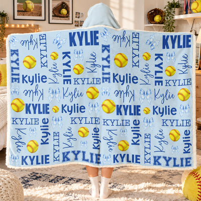 Custom Name Softball Baseball With Bow For Kids, Daughters, Sport Players - Personalized Blanket Hoodie