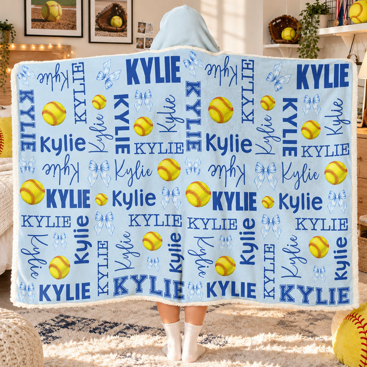 Custom Name Softball Baseball With Bow For Kids, Daughters, Sport Players - Personalized Blanket Hoodie 1