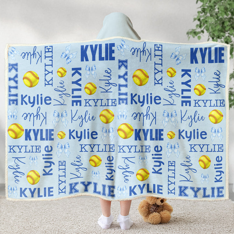 Custom Name Softball Baseball With Bow For Kids, Daughters, Sport Players - Personalized Blanket Hoodie 4