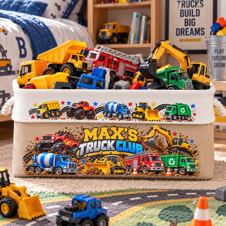 Custom Name Toddler Construction Truck Excavator Vehicle Toy - Personalized Storage Basket 3