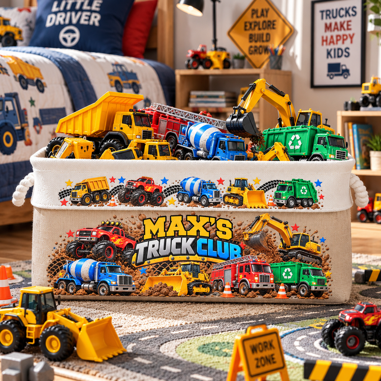 Custom Name Toddler Construction Truck Excavator Vehicle Toy - Personalized Storage Basket 4