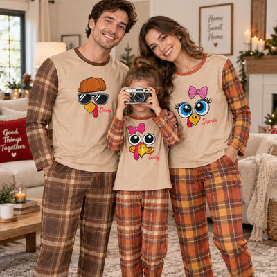 Custom Name, Turkey Thanksgiving Pattern Gift For Family, Matching Pajama - Personalized Pyjamas