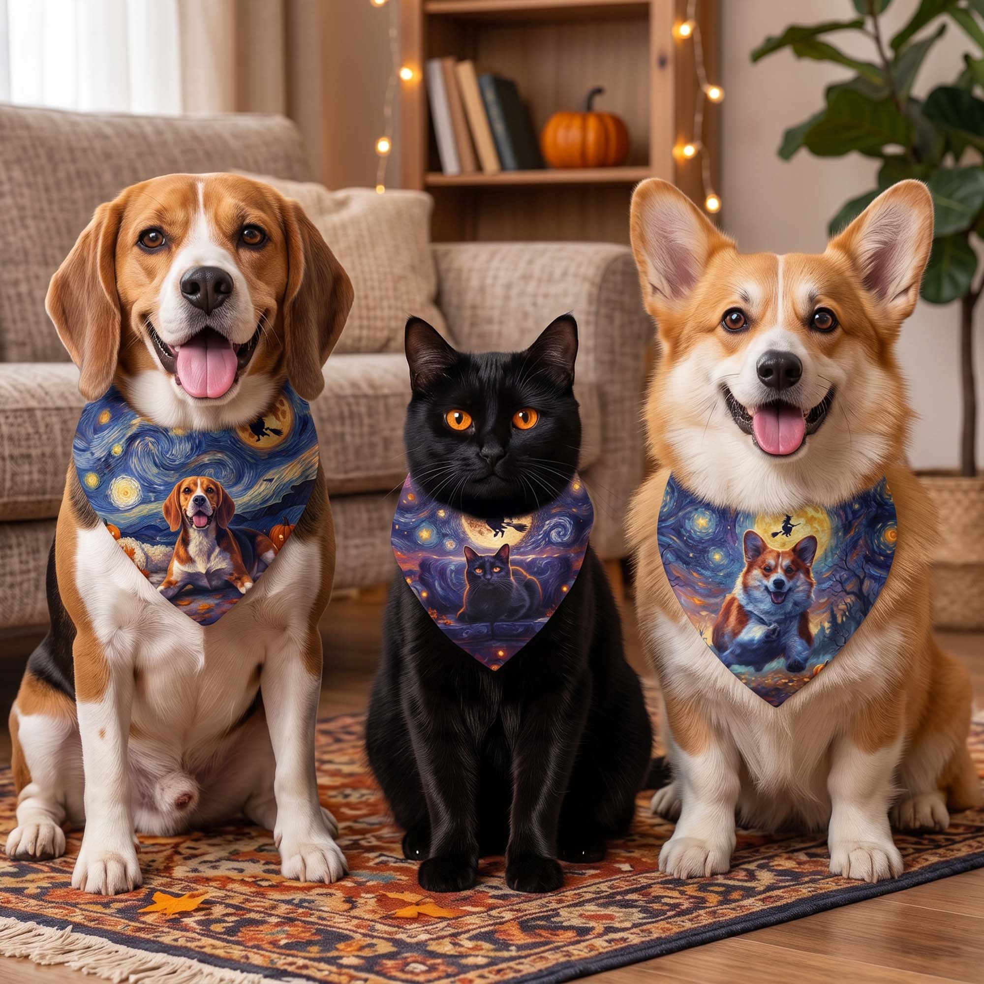 Custom Pet Dog Cat Portrait Halloween Van Gogh Art - Personalized Bandana Collar 2
