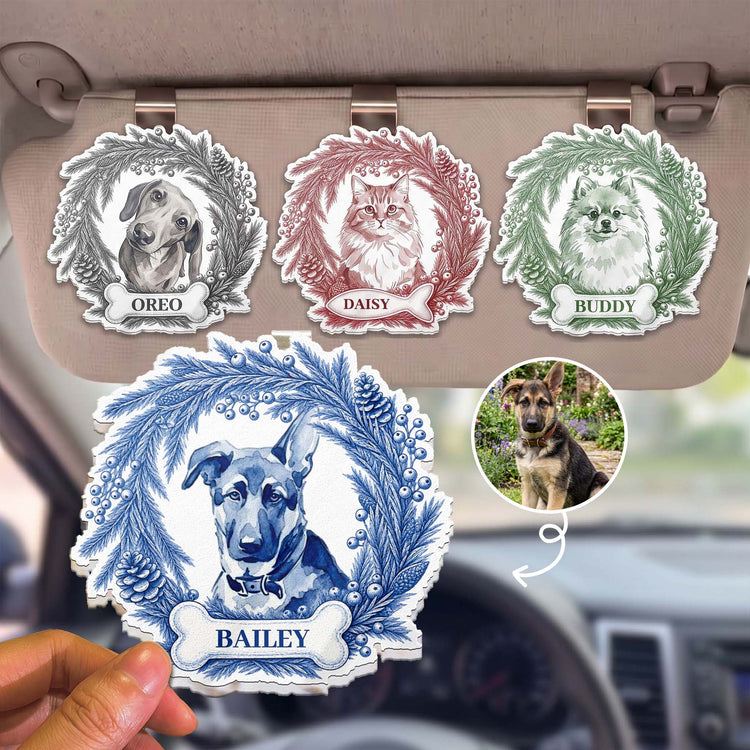 Custom Pet Photo Christmas Memorial, Dog Cat Christmas Photo, Pet Portrait Custom Name Gift - Personalized Car Visor Clip 1