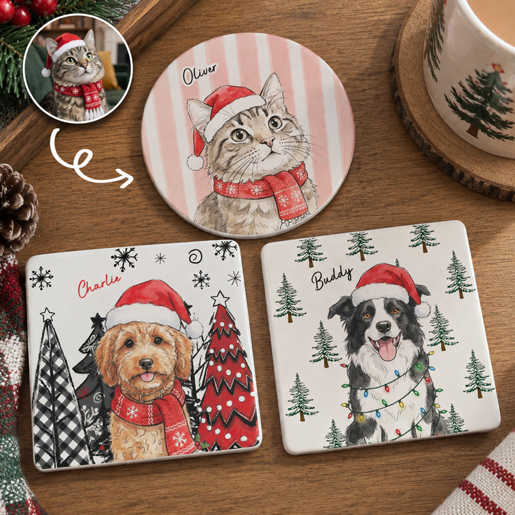 Custom Pet Photo Watercolor Art Christmas Table Decor - Personalized Coaster 1