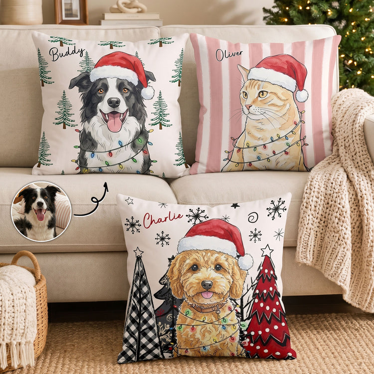 Custom Pet Photo Watercolor Art Christmas Winter Decor Gift - Personalized Pillow 1