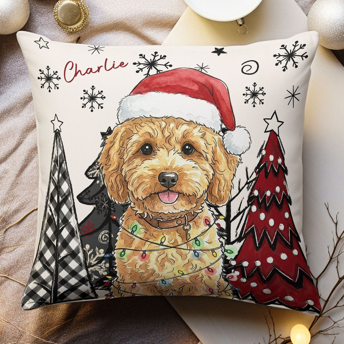 Custom Pet Photo Watercolor Art Christmas Winter Decor Gift - Personalized Pillow 2