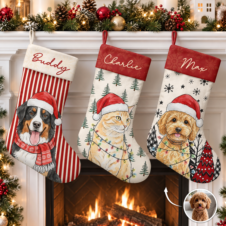 Custom Pet Photo Watercolor Art Christmas Winter Decor Gift - Personalized Stocking 1