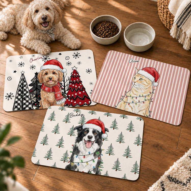 Custom Pet Photo Watercolor Christmas Food Placemat - Personalized Pet Feeding Mat 1