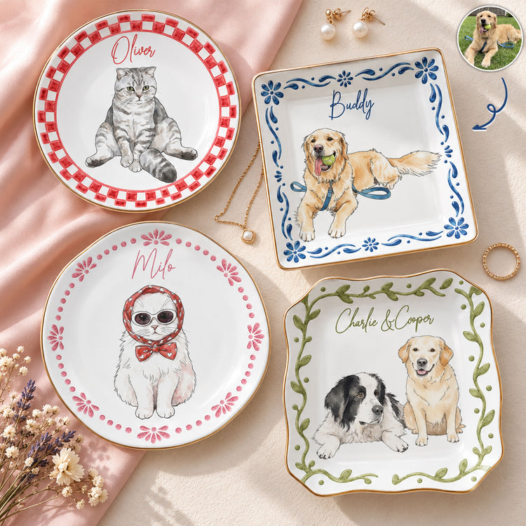 Custom Pet Photo Watercolor New Version Gifts For Her, Dog Mom, Cat Mom - Personalized Jewelry Dish 1