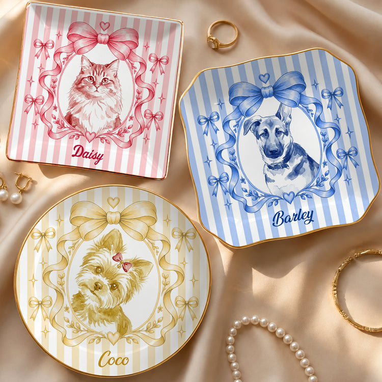 Custom Pet Portrait Coquette Tray, Dog Cat Pet Lover Gift For Her, Pet Memorial Keepsake - Personalized Jewelry Dish 1