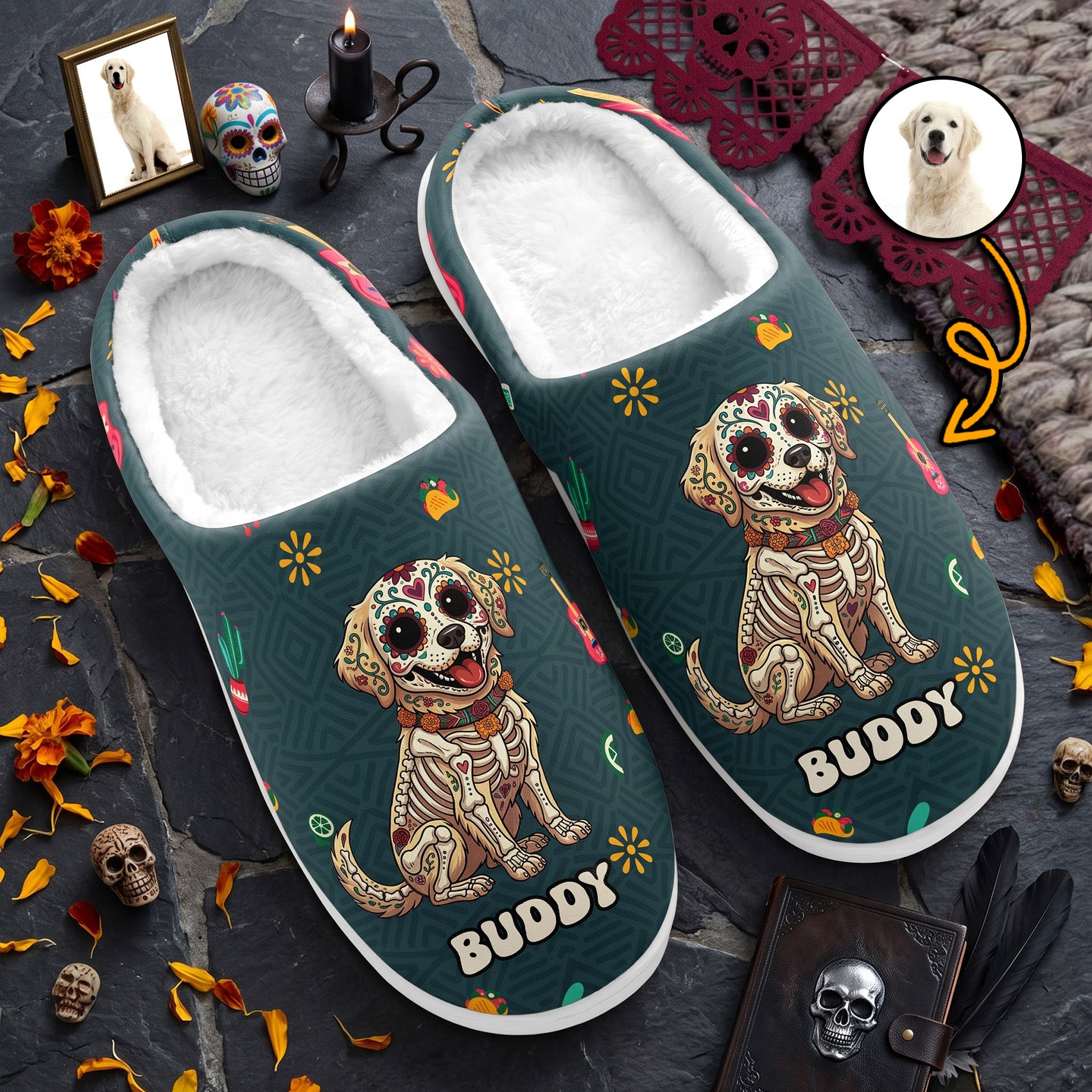 Custom Pet Portrait Day Of The Dead Mexican Hispanic Style - Personalized Slippers 1