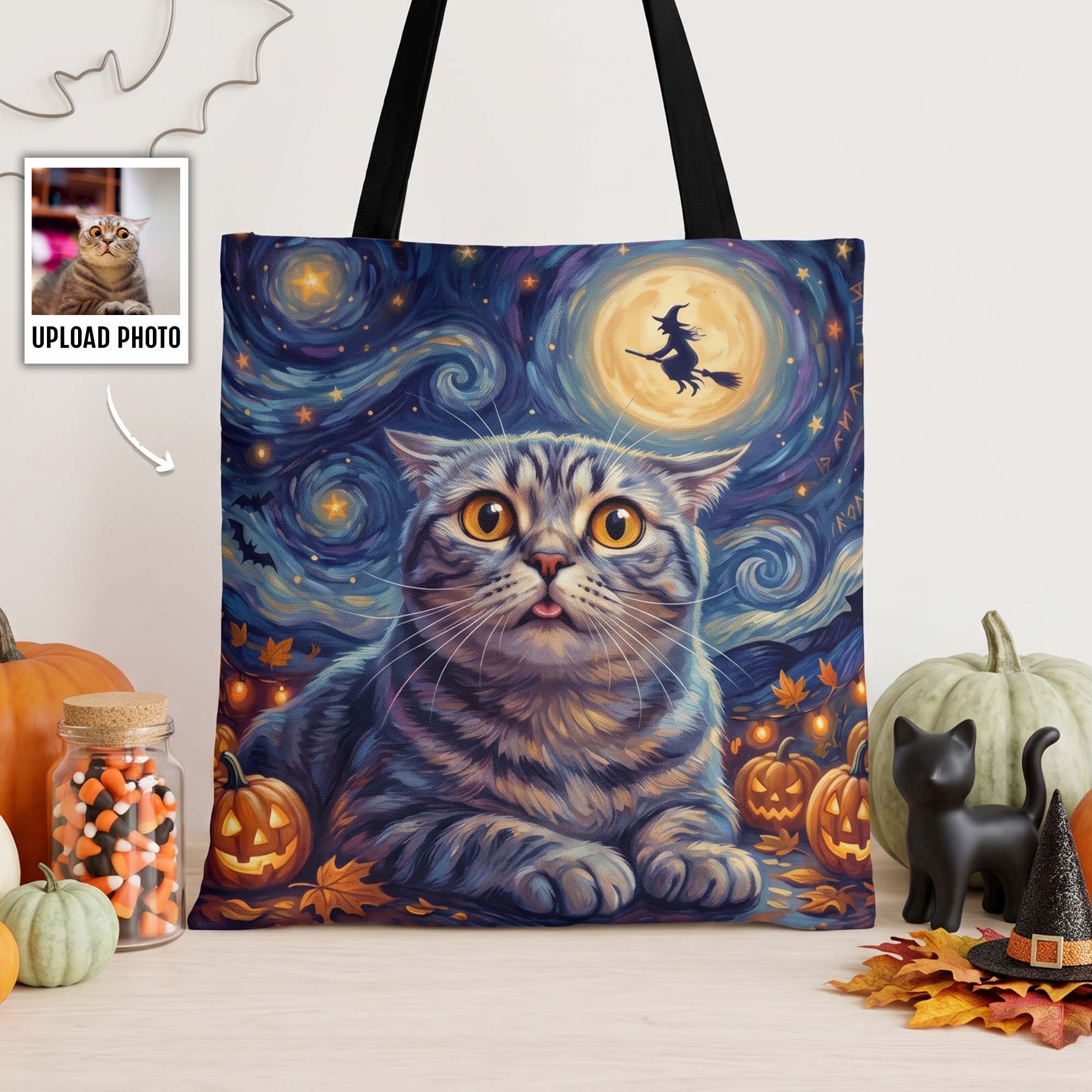 Custom Pet Portrait Halloween Van Gogh Art - Personalized Tote Bag 2