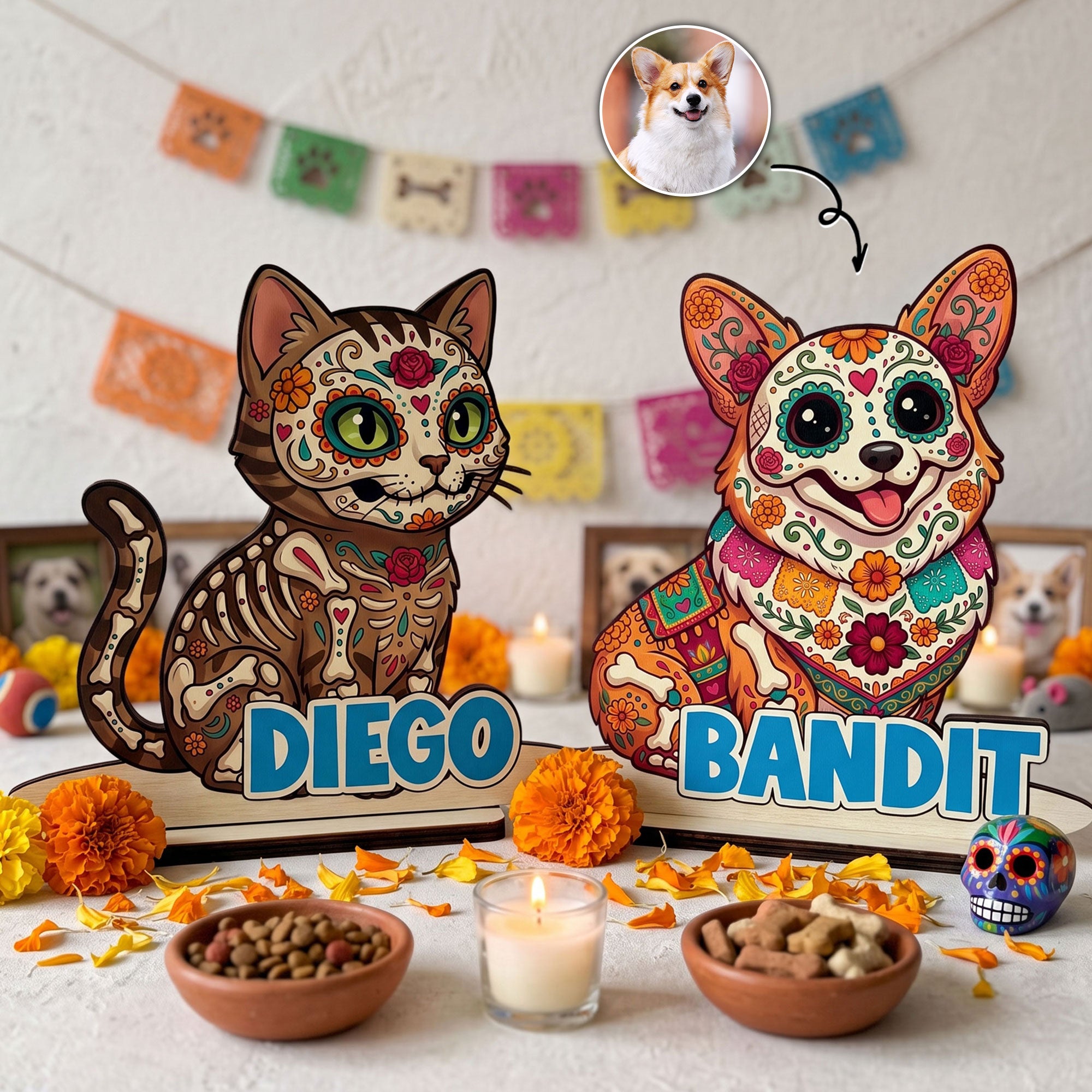 Custom Pet Portrait Ofrenda Memorial Sign Day Of The Dead - Personalized Wooden Plaque 1