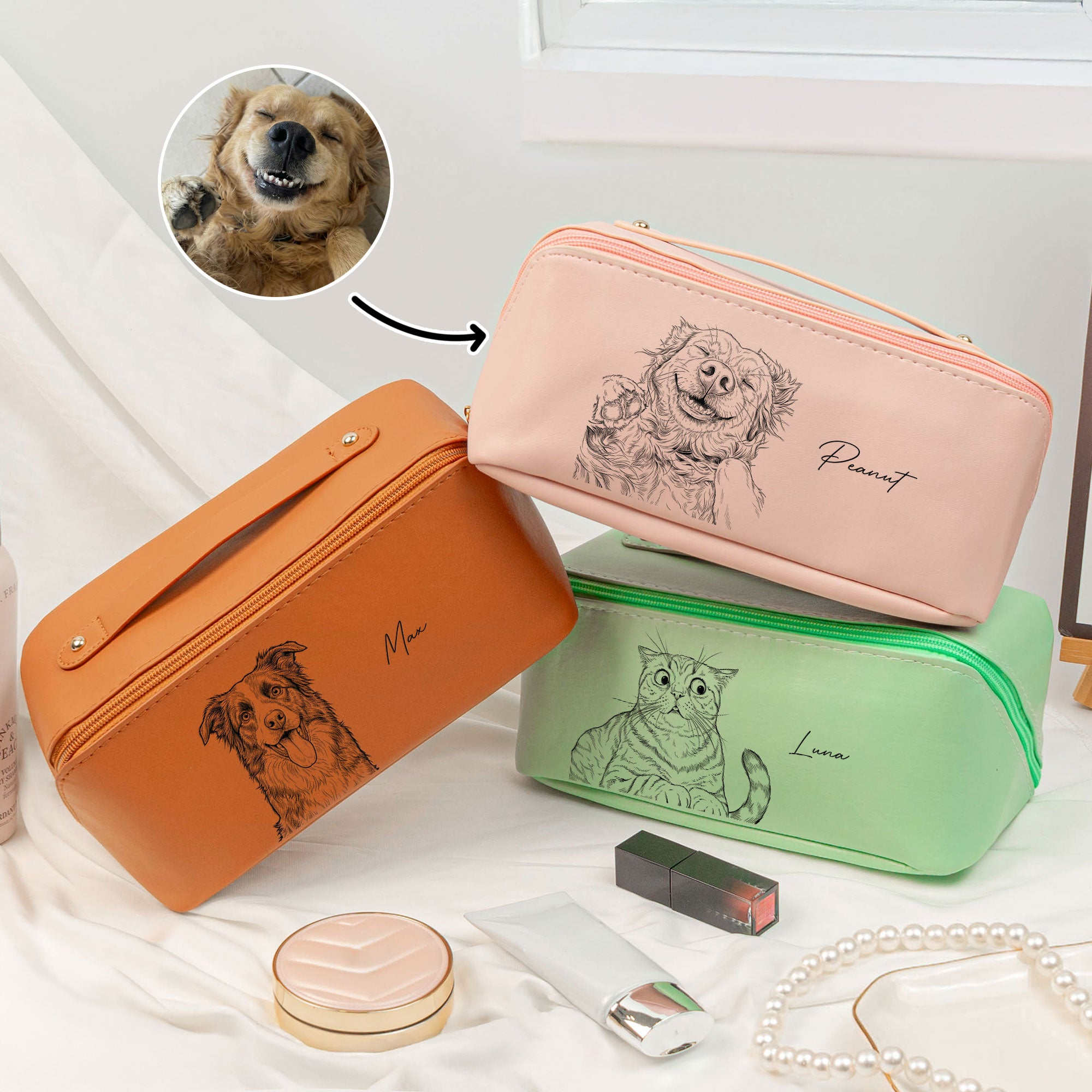 Custom Pet Portrait Sketch Line Art - Personalized Makeup Bag 1