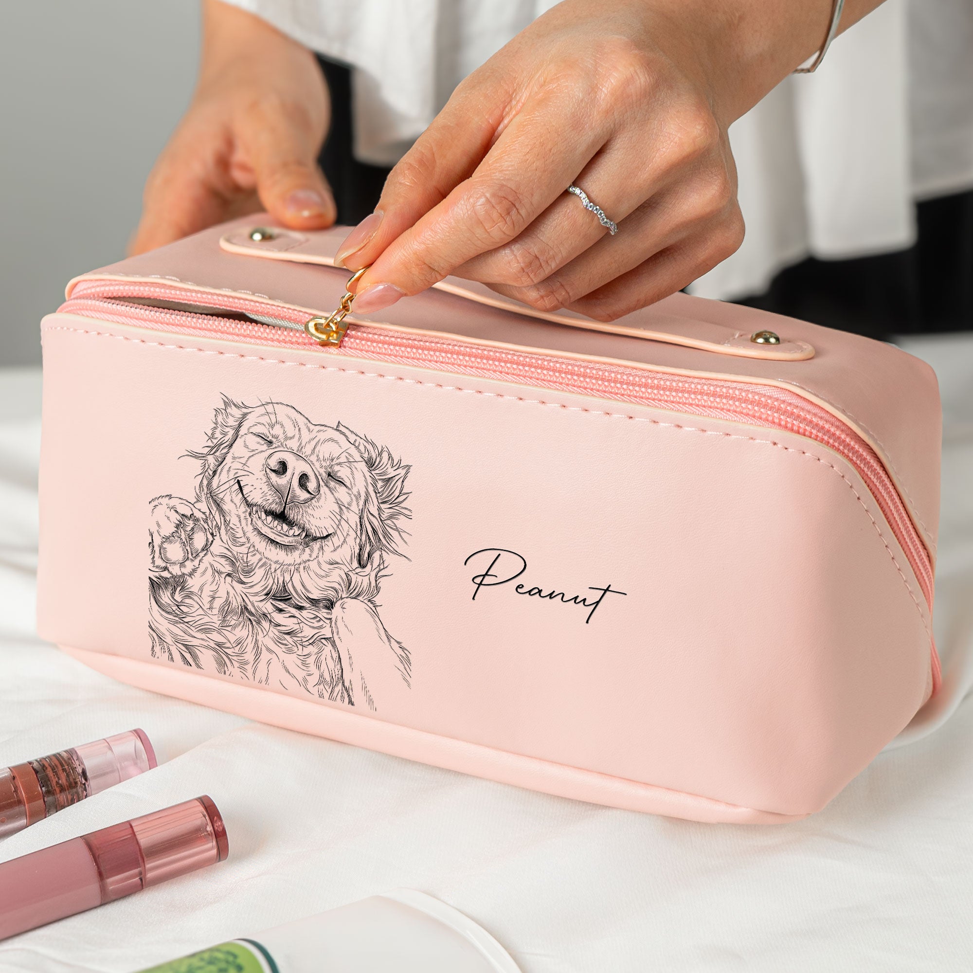 Custom Pet Portrait Sketch Line Art - Personalized Makeup Bag 3