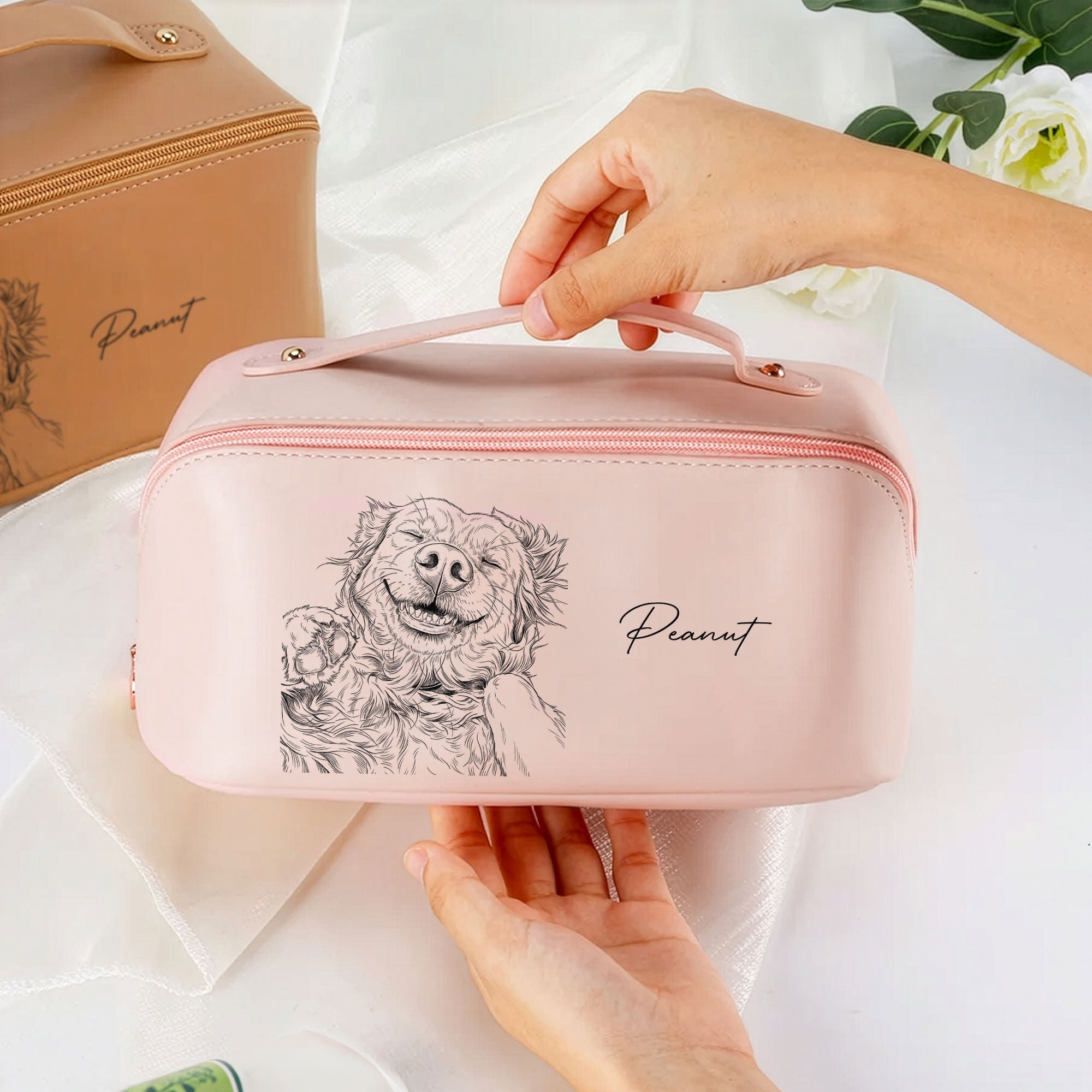 Custom Pet Portrait Sketch Line Art - Personalized Makeup Bag 4