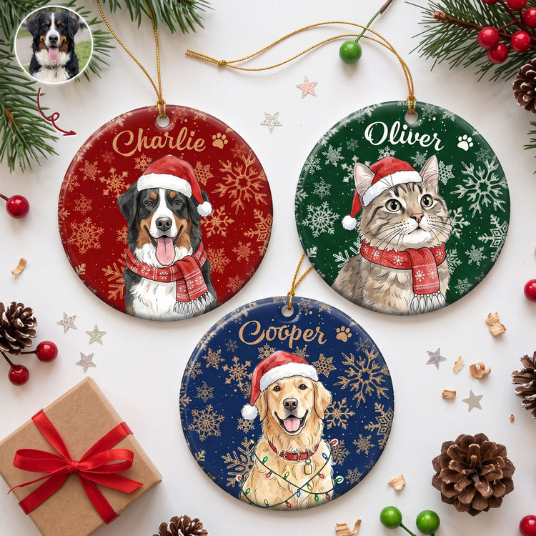 Custom Pet Portrait Watercolor Art Snowflake Christmas - Personalized Ornament 1