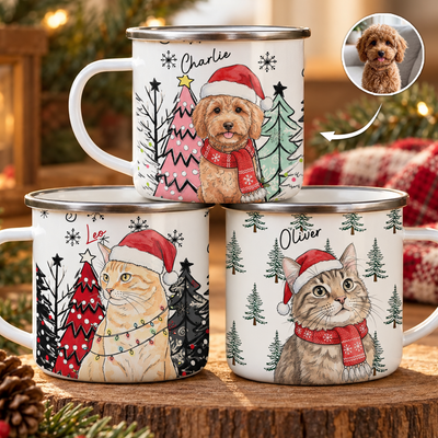 Custom Pet Portrait Watercolor Enamel Mug Christmas Gift - Personalized Mugs