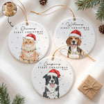 Custom Pet Portrait Watercolor With Santa Hat First Christmas - Personalized Ornament 1