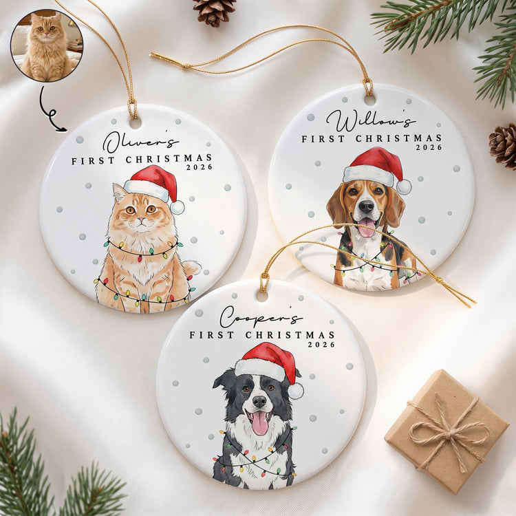 Custom Pet Portrait Watercolor With Santa Hat First Christmas - Personalized Ornament 1