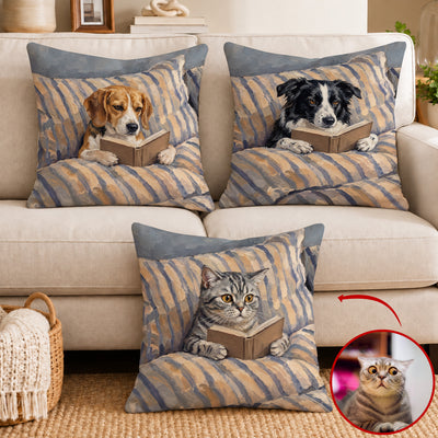 Custom Pet Reading Book Oil Painting Art Gifts For Her, Pet Lovers, Book Lovers - Personalized Pillow