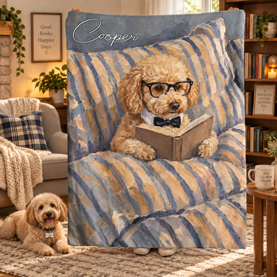 Custom Pet Reading Oil Painting Art Gifts For Her, Him, Pet Lovers, Book Lovers - Personalized Blanket