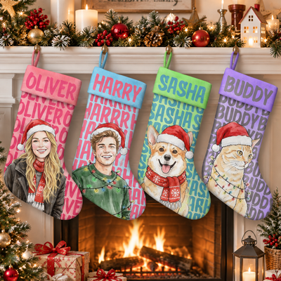 Custom Photo & Name Watercolor Style Christmas Decor - Personalized Stocking