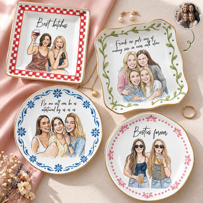Custom Photo Best Friends Watercolor Gifts For Her, BFF, Sisters - Personalized Jewelry Dish