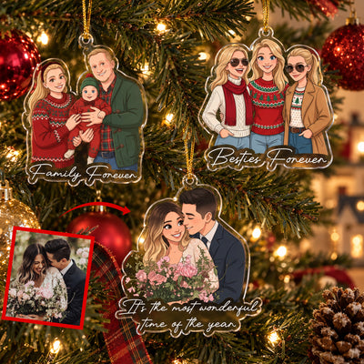 Custom Photo Cartoon Style Art Christmas Gifts For Family, Friends, Sisters, Cowokers - Personalized Ornament