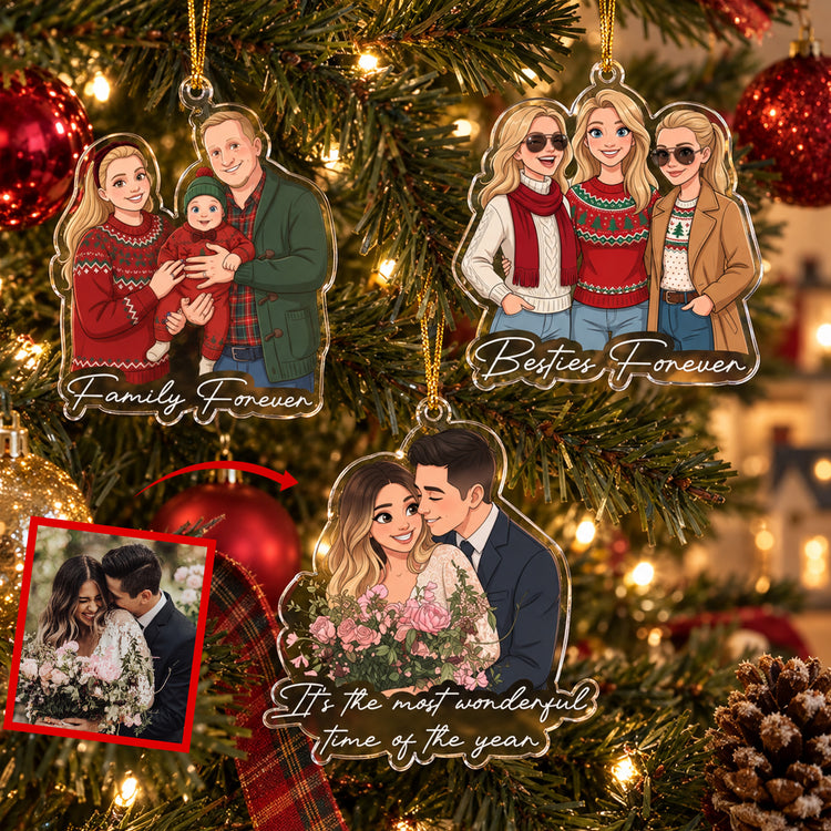 Custom Photo Cartoon Style Art Christmas Gifts For Family, Friends, Sisters, Cowokers - Personalized Ornament 1